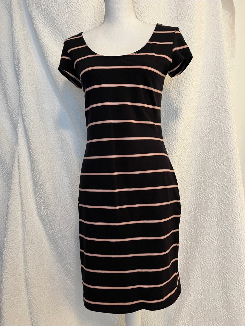 Black and Blush Pink Striped Scoop Neck Mini Dress